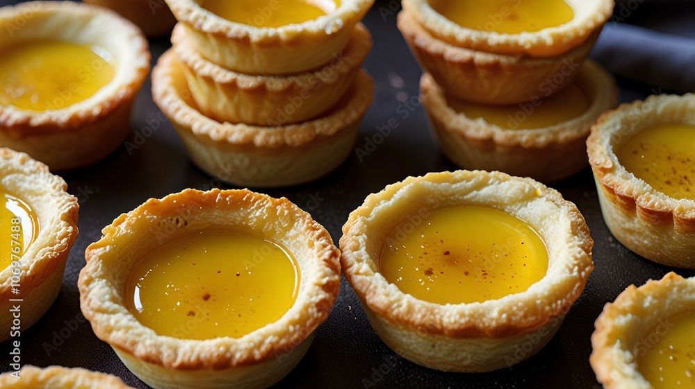 The baking process of Portuguese egg tarts, featuring a golden, crispy crust. Portuguese egg tart, baking, golden crust, pastry, crispy, dessert The baking process of Portuguese egg tarts, featuring a golden, crispy crust. Portuguese egg tart, baking, golden crust, pastry, crispy, dessert