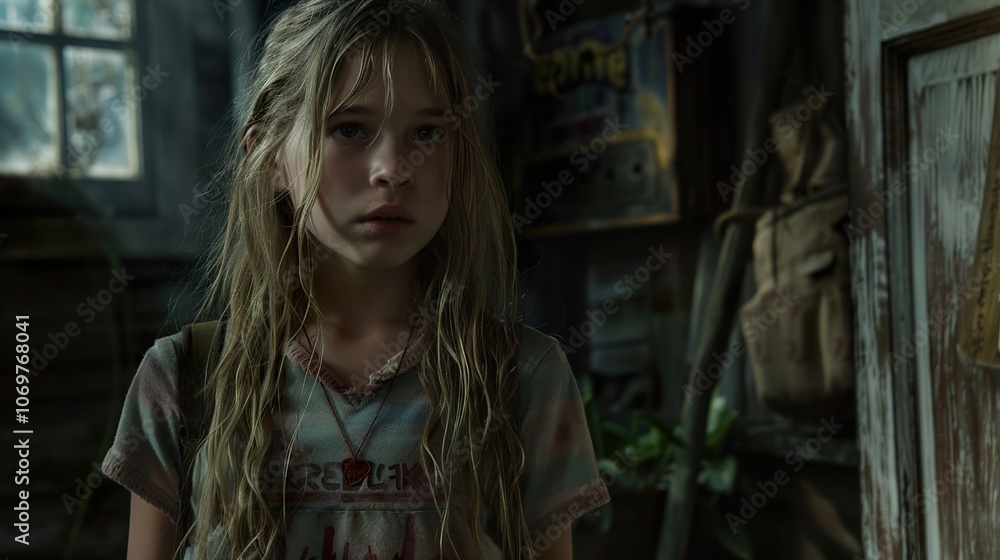 Young Girl with Serious Expression in Rustic Setting - Dramatic Portrait Young Girl with Serious Expression in Rustic Setting - Dramatic Portrait