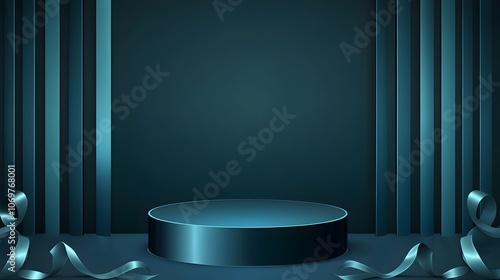  Abstract scene background. Cylinder podium background with ribbons. Product presentation, mock up, show cosmetic product, Podium, stage pedestal or platform. Vector illustration