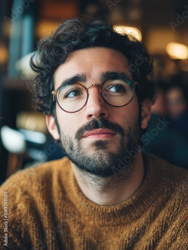 Casual Bearded Man Looking Ahead with Glasses