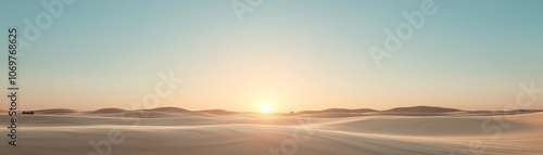 A vast desert where AI-powered machines mine for resources, the sun setting in the background, sand dunes, a sense of isolation