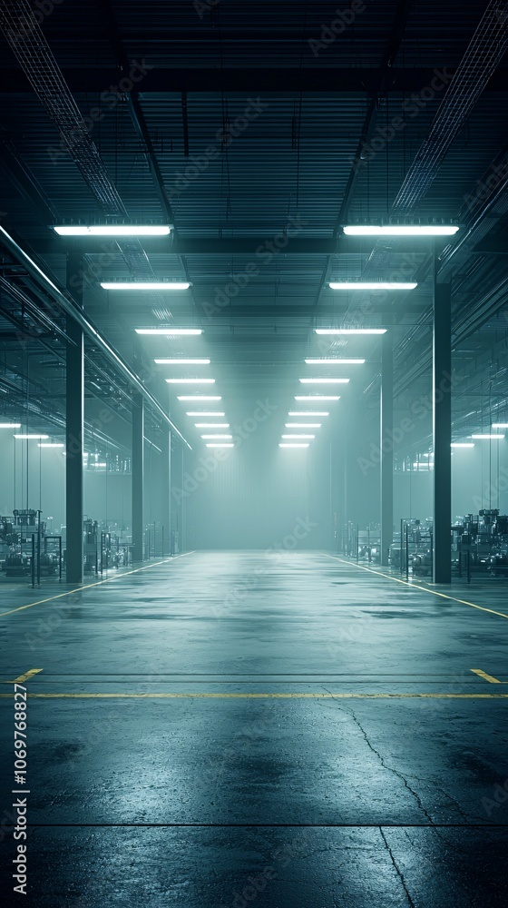 A dark and eerie AI-operated factory, producing unknown machines, shadows cast by industrial lights, a sense of foreboding A dark and eerie AI-operated factory, producing unknown machines, shadows cast by industrial lights, a sense of foreboding