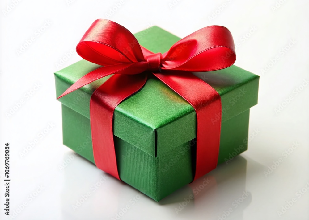 Obraz premium Minimalist Green Gift Box with Red Ribbon Isolated on White Background, Perfect for Holiday Gifting and Celebrations in a Clean and Simple Aesthetic