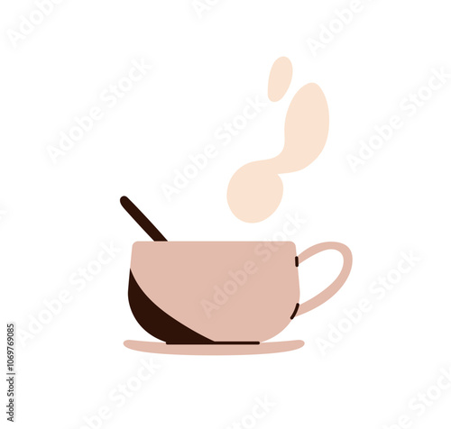 Hot coffee cup with steam, morning break. Aromatic warm beverage, cappuccino for warmth and energy. Breakfast drink in mug, teacup on saucer. Flat vector illustration isolated on white background