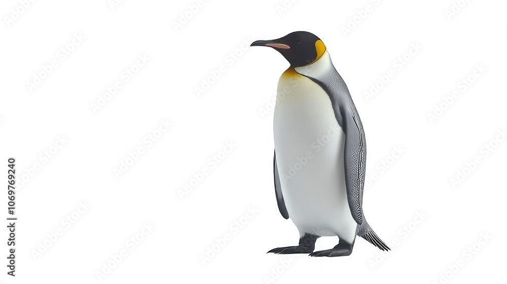Fototapeta premium A single emperor penguin standing on a black background.