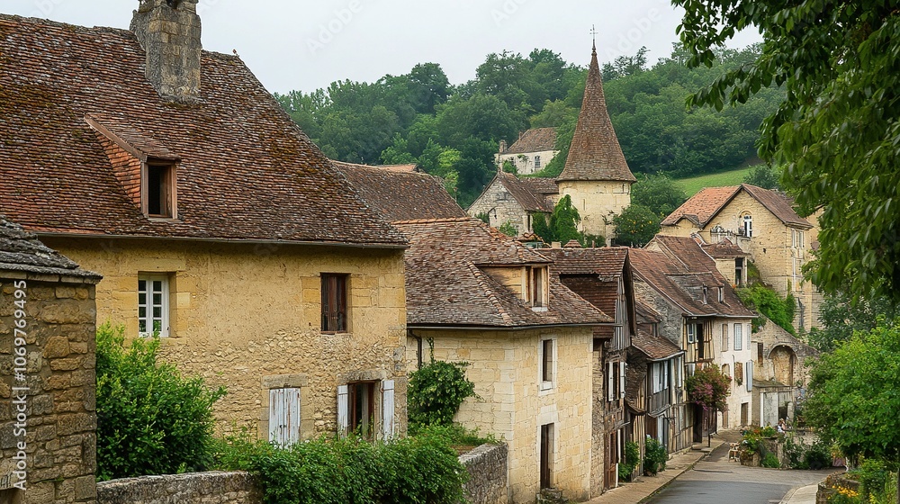 Charming French Village Street with Stone Buildings and a Tower