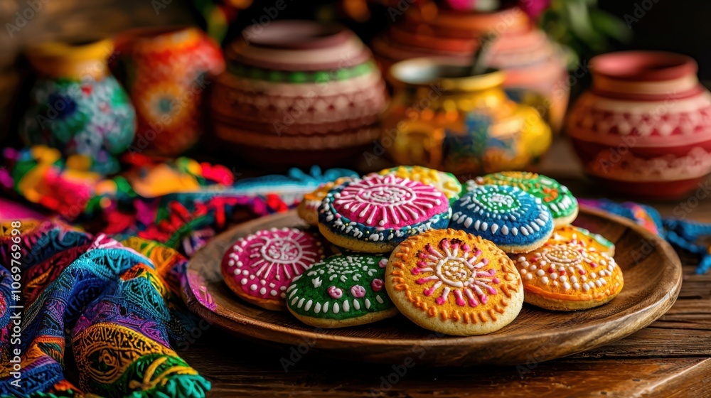 Colorful Mexican Sugar Cookies on Rustic Table Colorful Mexican Sugar Cookies on Rustic Table