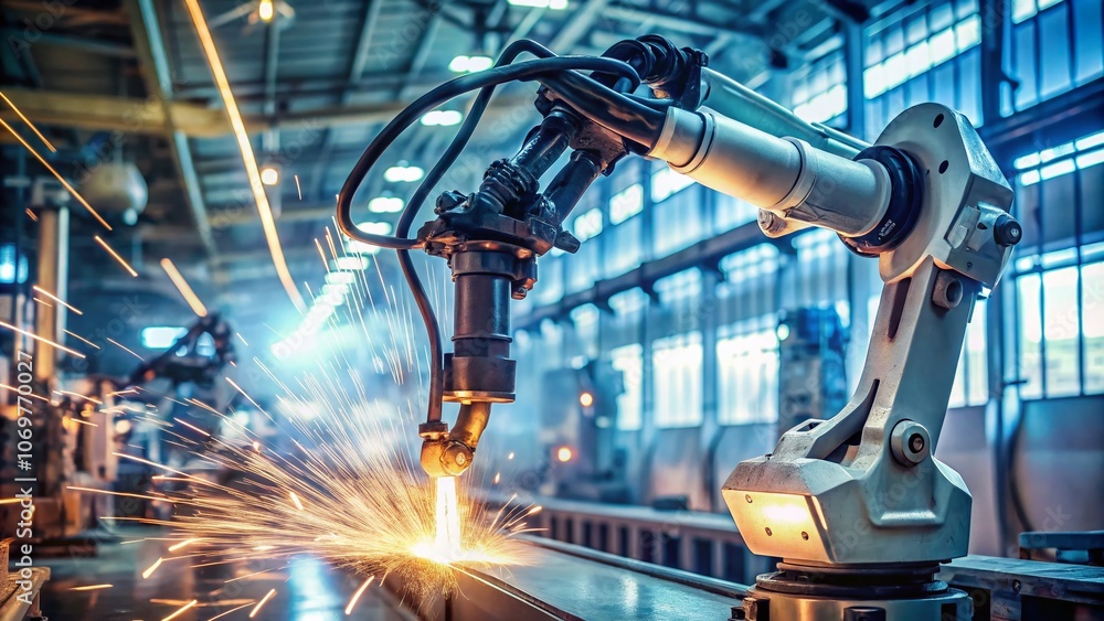 Minimalist Photography of Robots Welding Automotive Parts in a Modern Factory Setting, Showcasing Precision and Technology, Ideal for Industrial and Automation Themes Minimalist Photography of Robots Welding Automotive Parts in a Modern Factory Setting, Showcasing Precision and Technology, Ideal for Industrial and Automation Themes