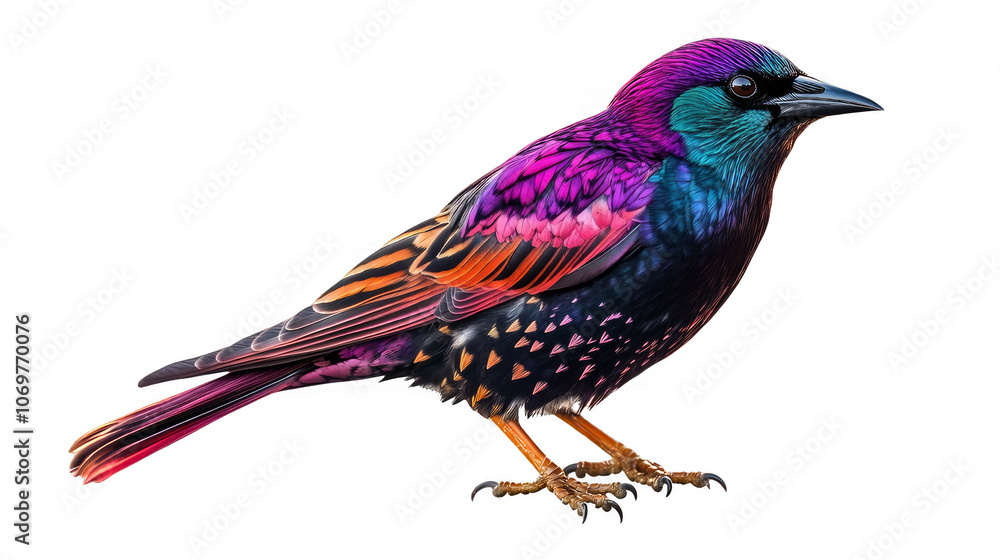 A vibrant, colorful bird with iridescent feathers, standing on a black background. A vibrant, colorful bird with iridescent feathers, standing on a black background.