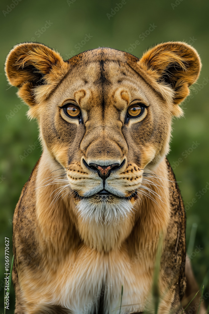 Fototapeta premium A close up of a lioness sitting in the grass