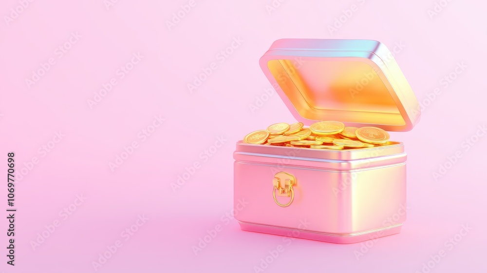 Unveiling Riches: A treasure chest overflows with golden coins, set against a vibrant pink backdrop Unveiling Riches: A treasure chest overflows with golden coins, set against a vibrant pink backdrop