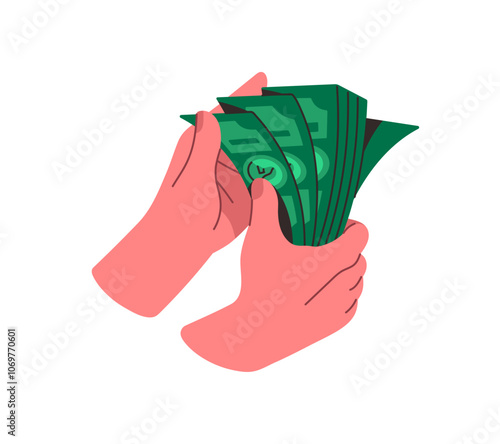 Human hands hold wad of money. Rich person counts stack of dollar bills, green banknotes to pay by cash. Concept of currency, payment, savings. Flat isolated vector illustration on white background