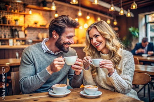 A man and woman are sitting at a table in a cafe  both holding cups of coffee