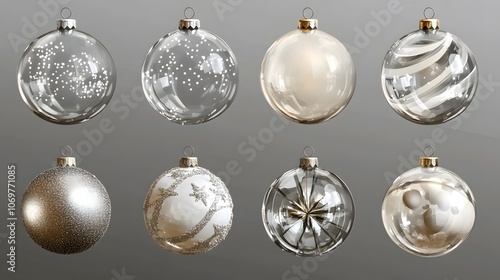 Set of glass Christmas balls isolated on transparent background