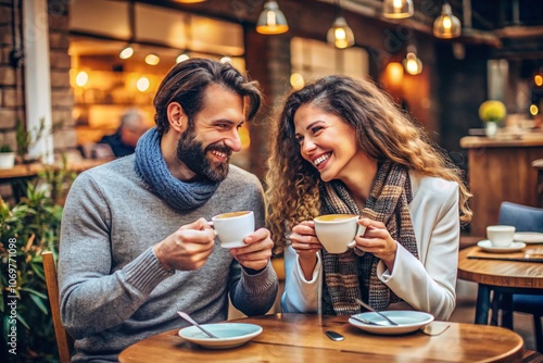 A man and woman are sitting at a table in a cafe  both holding cups of coffee