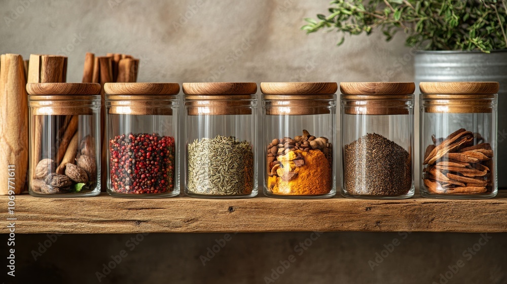 Assorted spices in glass jars on a rustic wooden shelf Assorted spices in glass jars on a rustic wooden shelf