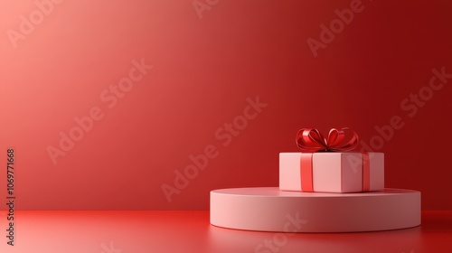 Gift on a Podium: A beautifully wrapped gift box, adorned with a ribbon and bow, rests atop a sleek cylindrical podium against a softly illuminated backdrop.