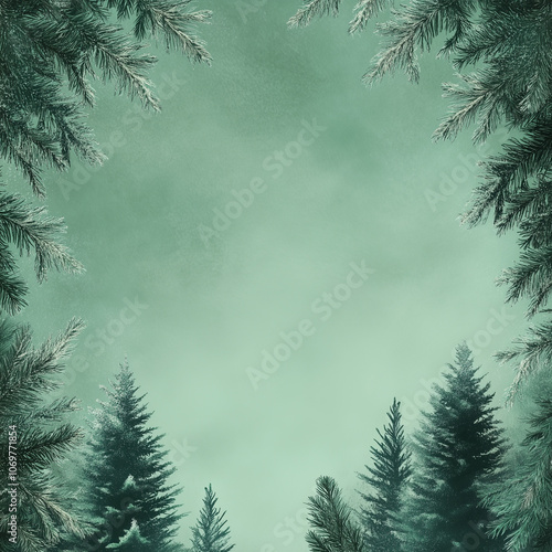 Christmas time green background with pine trees making border