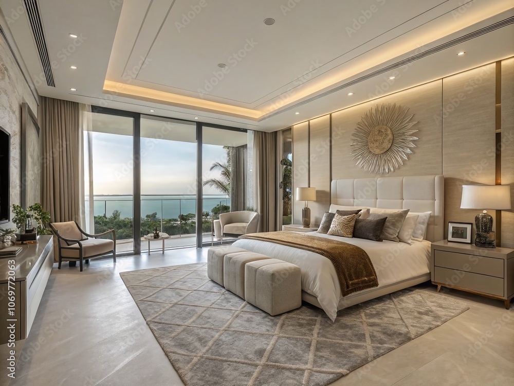 Modern Luxury Style Bedroom: A Panoramic View Showcasing Elegant Decor, Plush Bedding, and Stylish Furnishings in a Serene Atmosphere with Contemporary Lighting and Color Palette Modern Luxury Style Bedroom: A Panoramic View Showcasing Elegant Decor, Plush Bedding, and Stylish Furnishings in a Serene Atmosphere with Contemporary Lighting and Color Palette