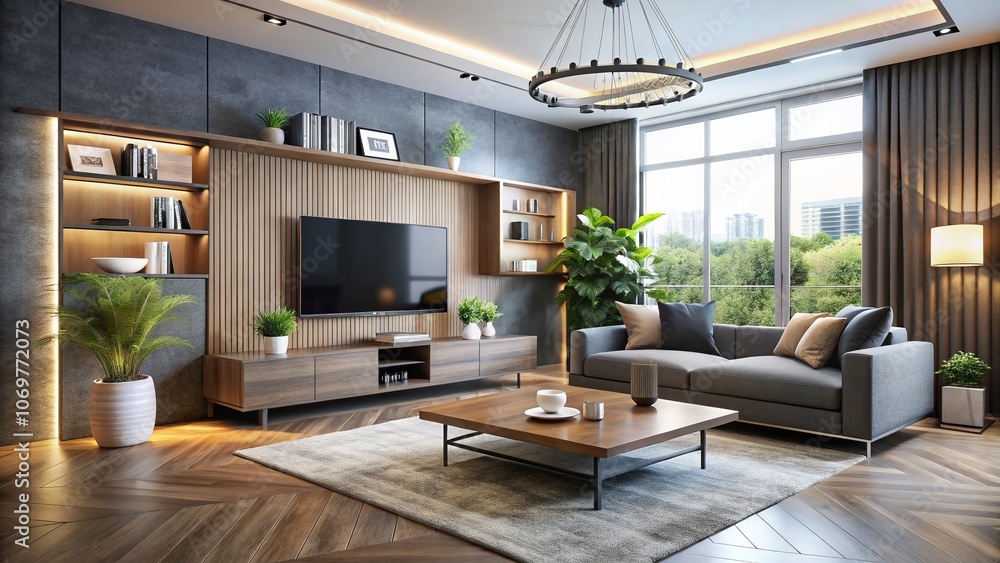 custom made wallpaper toronto digitalModern Living Room with TV Stand and Smart Furniture: Contemporary Interior Design for a Stylish and Functional Space with Cozy Ambiance and Minimalist Decor