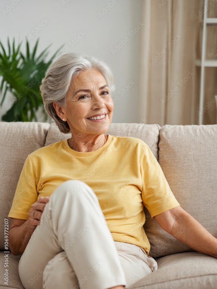 Portrait of happy senior older woman relaxing on comfortable couch at home Portrait of happy senior older woman relaxing on comfortable couch at home