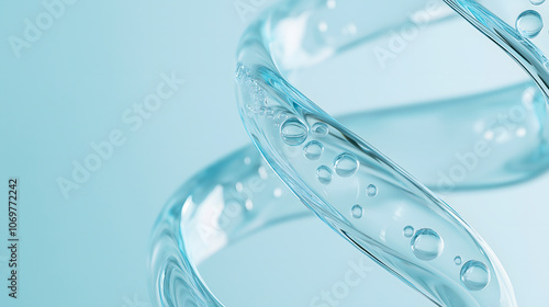 Futuristic DNA double helix in transparent blue, accented by liquid droplets, set on a clear blue gradient background. Ideal for scientific posters.