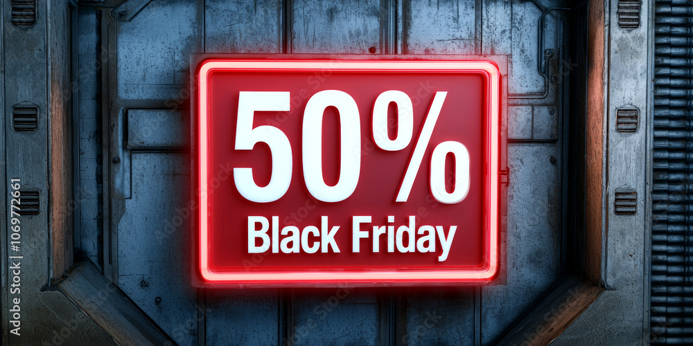 Obraz premium A vibrant sign promotes a 50% discount for Black Friday on a textured background, creating an eye-catching advertisement.
