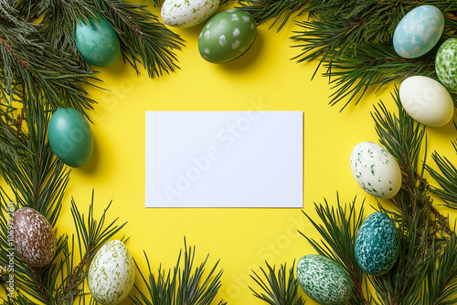 Easter time background with easter eggs making border over midnight yellow photo