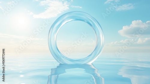 Illusion of Clarity: A serene, translucent ring, seemingly sculpted from ice, stands serenely at the horizon. A tranquil artwork that plays with light and shadows.