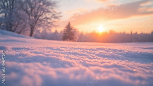 Winter sunrise over snow-covered field with soft pastel colors