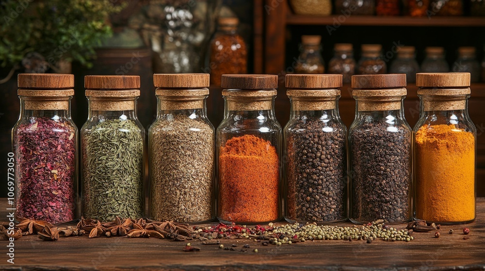 Colorful array of spices in glass jars on wooden table Colorful array of spices in glass jars on wooden table
