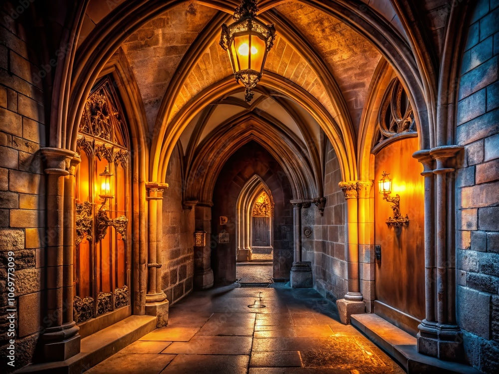 Fototapeta premium Mysterious Gothic Arched Doorway in a Stone Hallway with Eerie Lighting and Statues, Perfectly Captured Using the Rule of Thirds for a Medieval Ambiance
