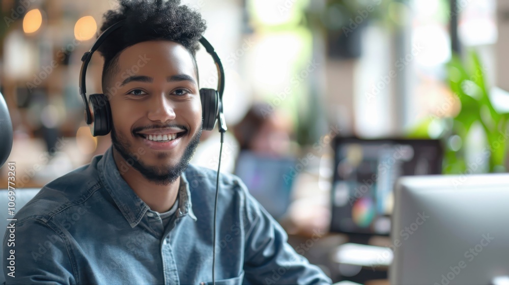 A young man wearing headphones smiles at his computer in a vibrant café during the day A young man wearing headphones smiles at his computer in a vibrant café during the day