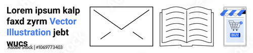 Three main elements include an envelope, an open book, and an online shopping cart. Ideal for educational materials, e-commerce, communication, mailing services, online bookstores, digital content