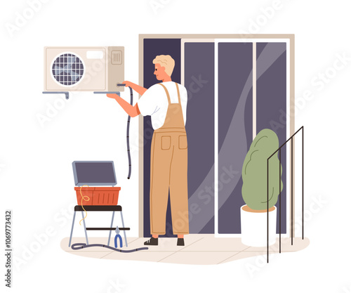Worker installing outdoor air conditioning unit. Professional HVAC technician, AC appliance installation on exterior wall. Fixing climate system. Flat vector illustration isolated on white background