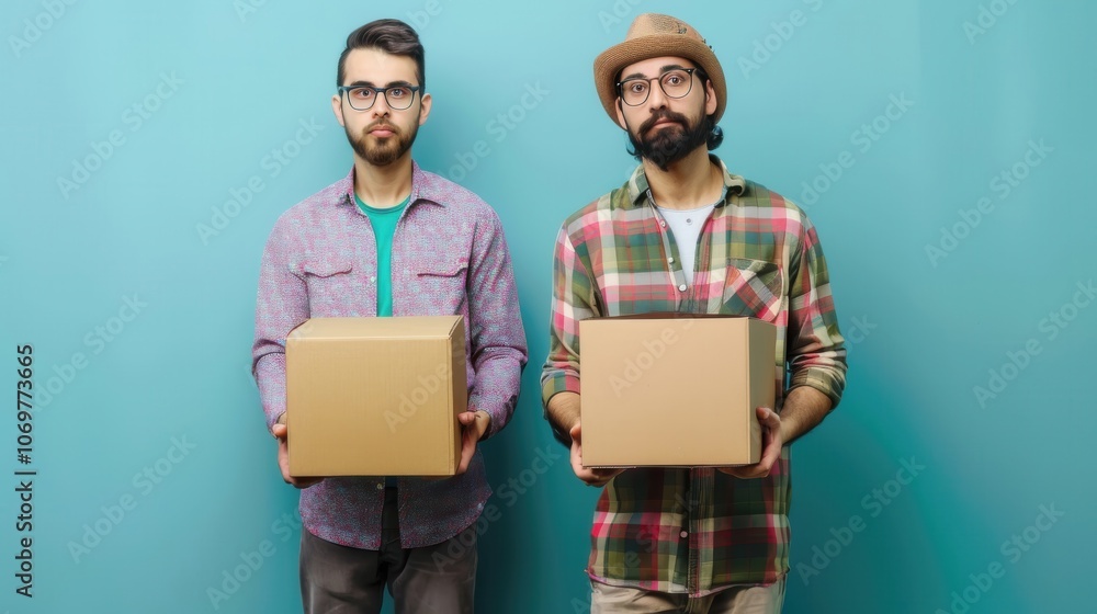Two men holding cardboard boxes in front of a bright blue background, conveying excitement or anticipation in a casual indoor setting Two men holding cardboard boxes in front of a bright blue background, conveying excitement or anticipation in a casual indoor setting