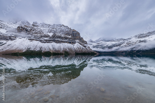 Bow Lake Banff National Park After Rain Snow Reflection photo