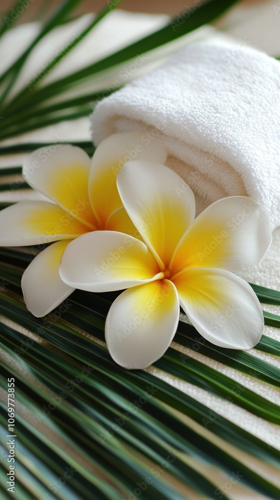 White Plumeria Flowers on Green Palm Leaf with White Towel White Plumeria Flowers on Green Palm Leaf with White Towel