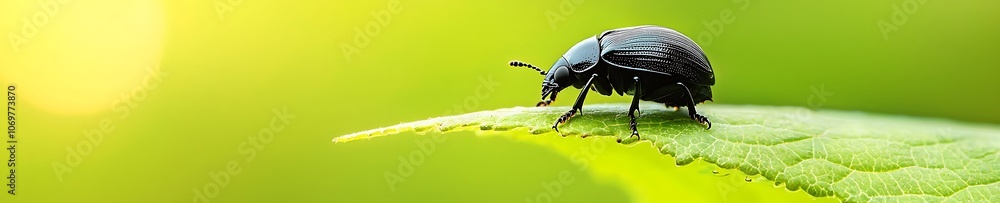 Naklejka premium A black bug is on a green leaf