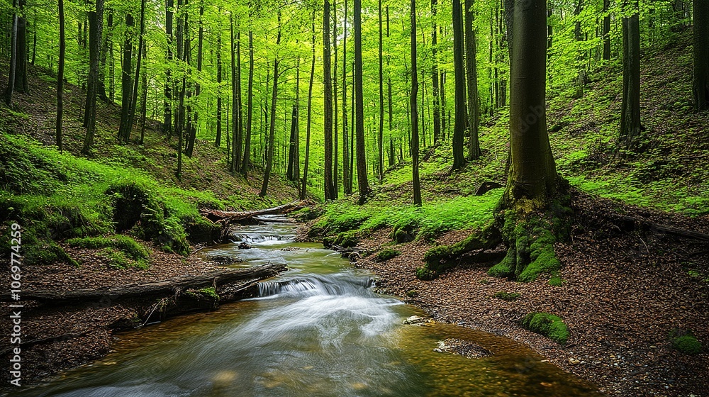 Obraz premium Stream Flowing Through Lush Green Forest with Sunlight Filtering Through Trees