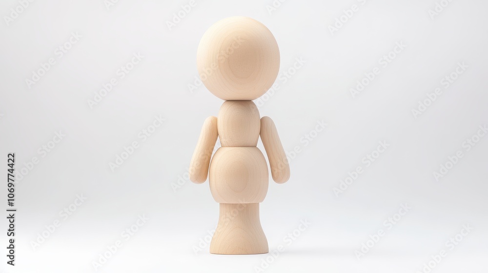 Wooden Figurine: Rear View of a simple, unpainted wooden doll.  The doll has a rounded head, simplified limbs, and a sturdy base. Perfect for crafting, design mockups or children's projects.  