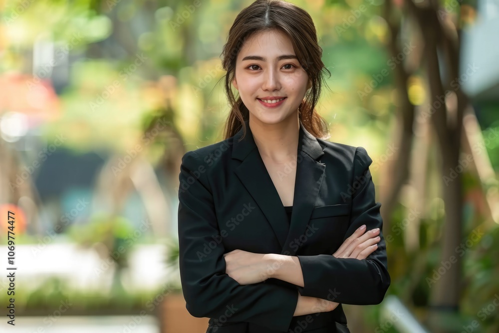 Asian professional female in black suit smiling outdoors. Asian professional female in black suit smiling outdoors.
