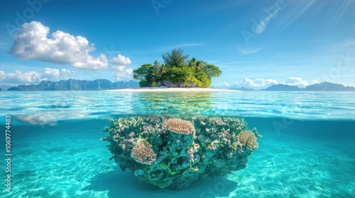 A tranquil tropical scene featuring a coral reef underwater, crystal-clear waters, and a lush island under a bright sky.