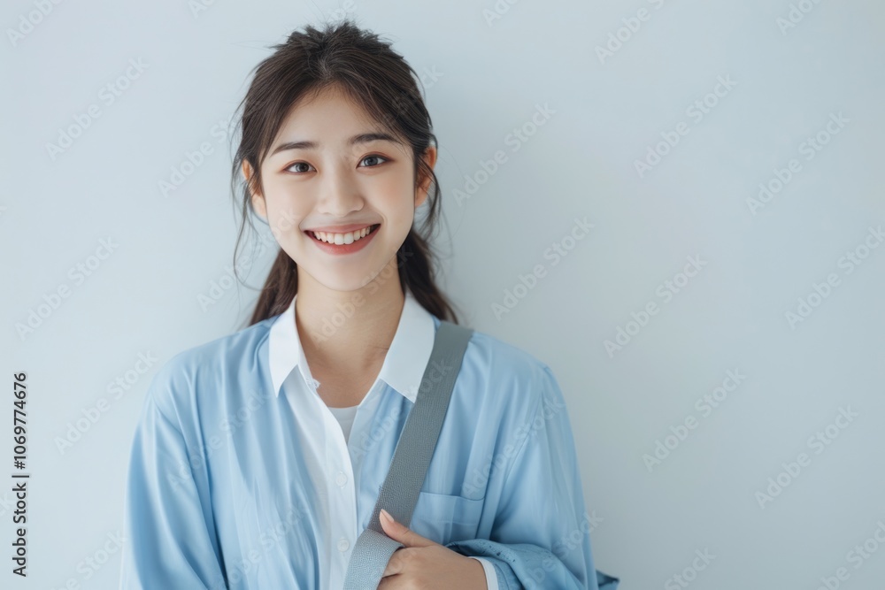 Confident Asian business woman smiling during commute. Confident Asian business woman smiling during commute.