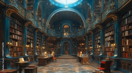 A grand, ornate library with high ceilings, bookshelves filled with books, and a sense of history and learning.