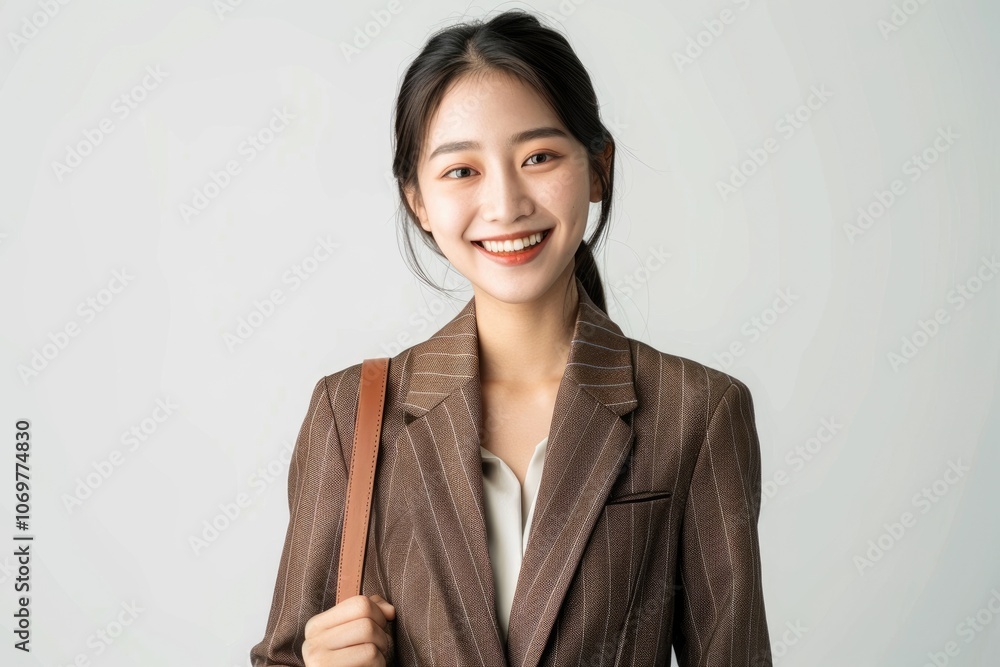 Asian businesswoman in brown blazer smiles while commuting. Asian businesswoman in brown blazer smiles while commuting.