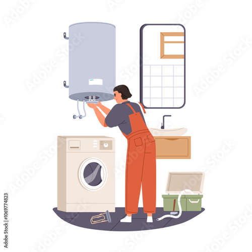 Worker repairing water heater. Heating device in washroom, professional maintenance service. Fixing, maintaining appliance in bathroom. Flat vector illustration isolated on white background