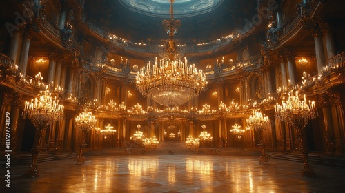 Ornate ballroom with large chandelier and candlelight.