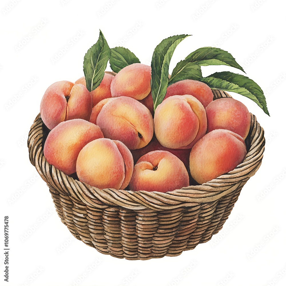 A basket full of ripe peaches, hand drawn watercolor illustration. A basket full of ripe peaches, hand drawn watercolor illustration.