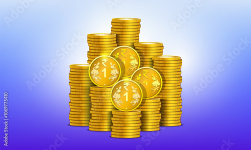 Vector set of 3d gold tokens. Stacks of metal coins, denomination Indian rupee. Big piles of money. Golden coinage. Republic of India.